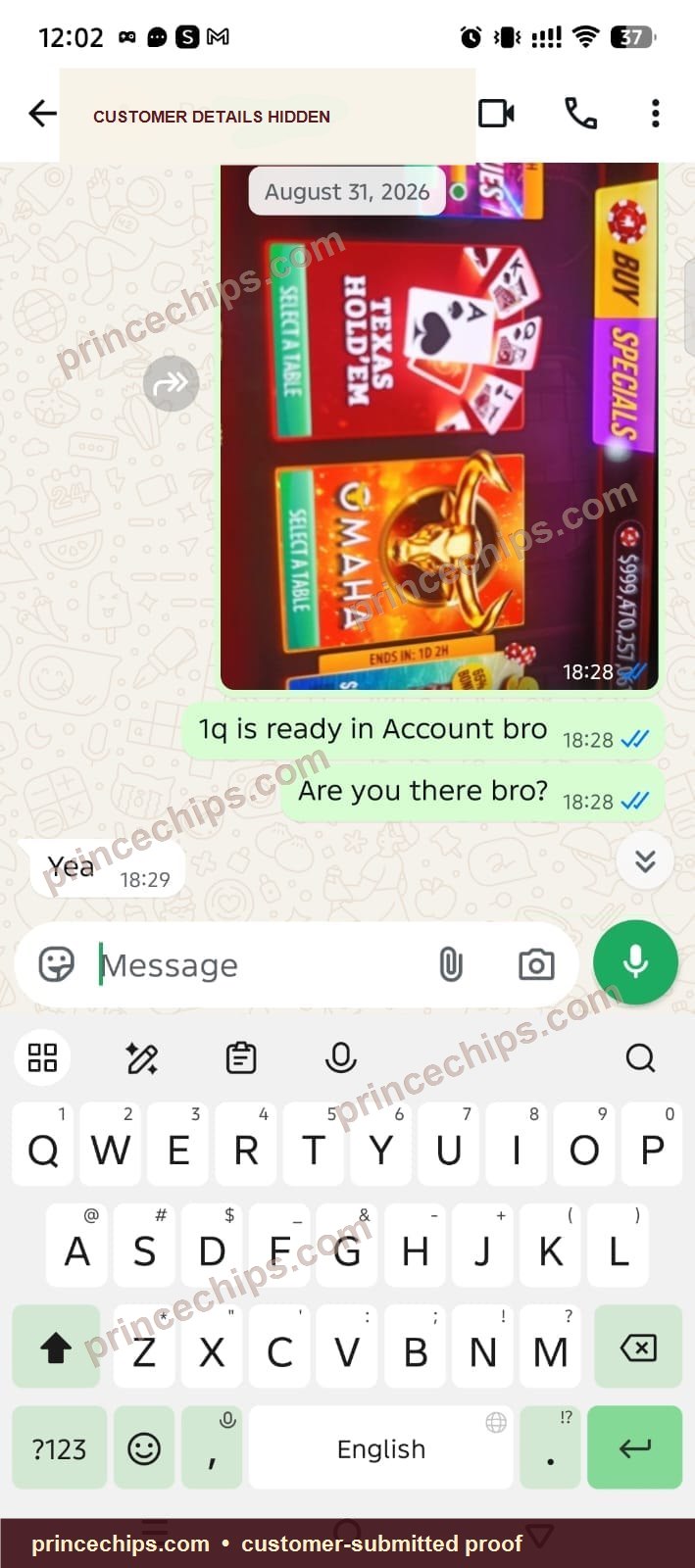 WhatsApp chat showing account delivery completion