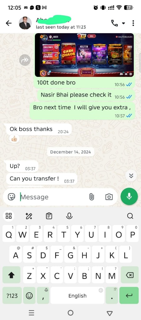 WhatsApp chat – chips delivered with in-game lobby screenshot