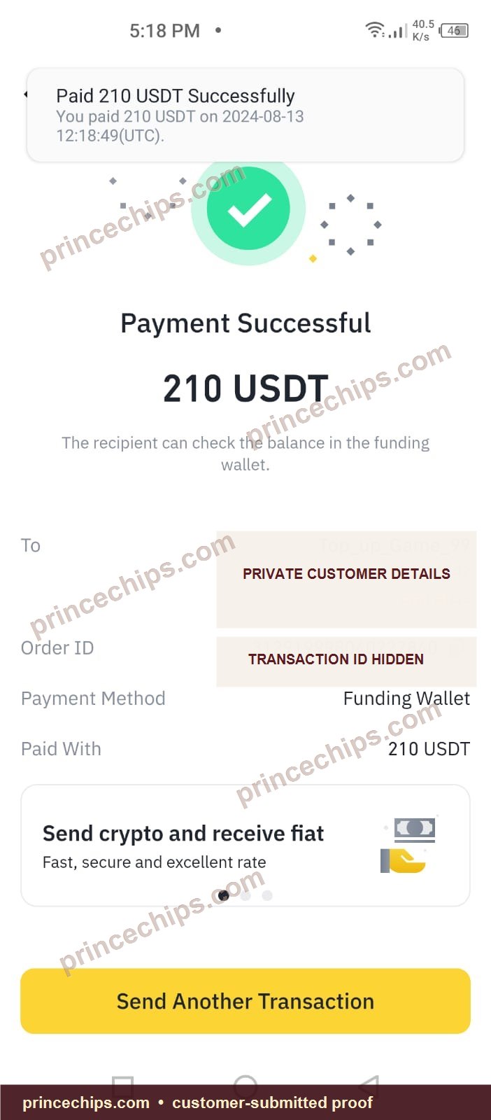 USDT payment screenshot – 210 USDT August 2024