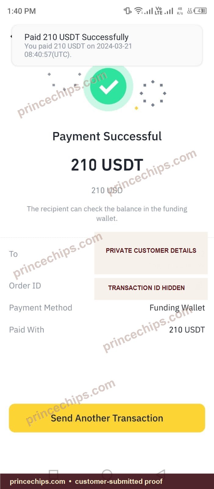 USDT payment screenshot – 210 USDT March 2024