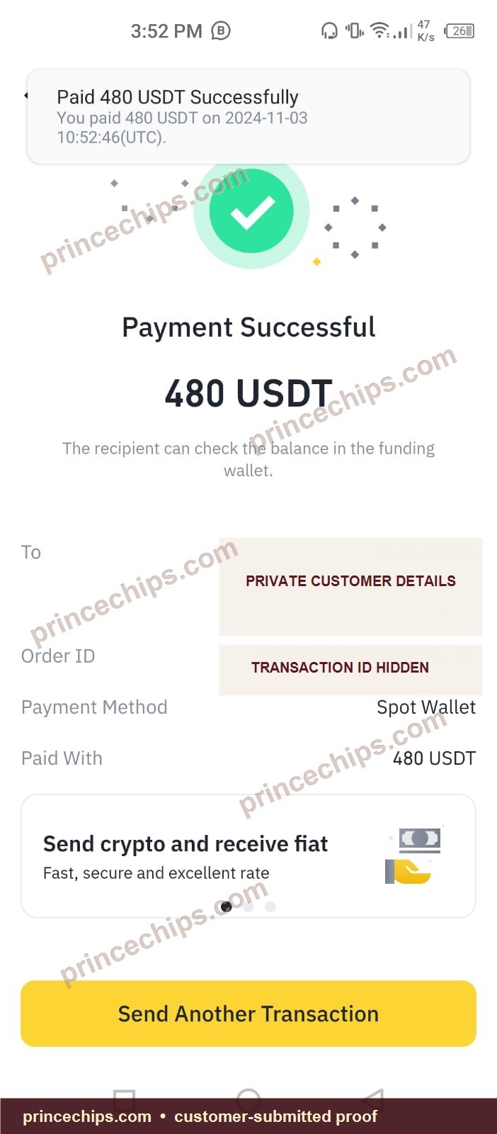 USDT payment screenshot – 480 USDT received