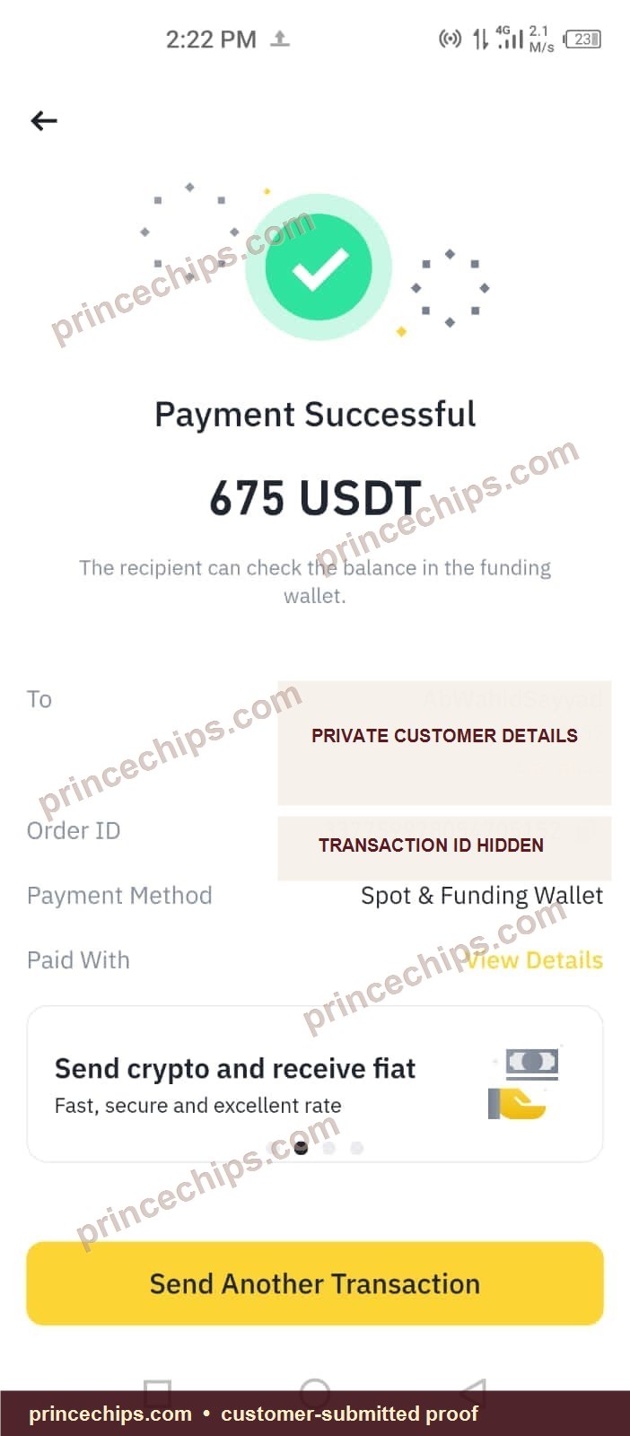 USDT payment screenshot – 675 USDT received